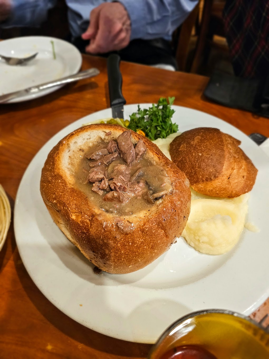 Beef stroganoff in a bread bowl